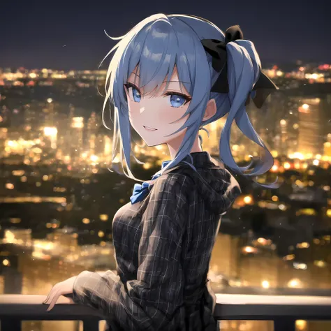 2d, masterpiece, best quality, anime, detailed eyes, detailed face, 1 girl, solo, suisei, short hair, blue hair, blue eyes, side ponytail, bangs, hair ribbon, black ribbon, small breasts, standing, looking back, plaid, plaid dress, gray dress, detailed background, highly detailed background, balcony, city, night, smile, blue bowtie