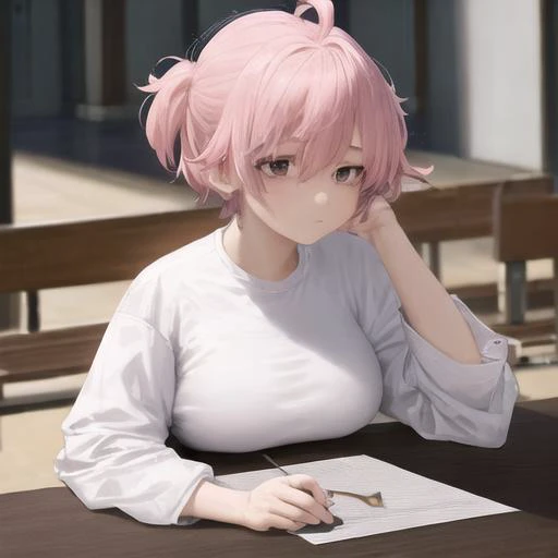 ((masterpiece, best quality)), (1girl), (solo), (female focus), (pink hair, short hair, undercut, ahoge), black eyes, dead eyes, half closed eyes, (white labcoat), t-shirt, (black pants), (chin rest on table), (laboratory), coffee on table