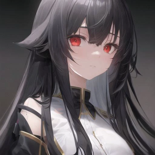 detailed,best quality,masterpiece,illustration,wallpaper,golden ratio,1girl,solo,upper body,beautiful detailed cold face,bow,eyeliner,long hair, black hair,(ahoge:1.2),bangs,hair between eyes,gray inner hair,red eyes,looking at viewer,black sailor collar,serafuku,a (blackhole) behind the girl,depth of field