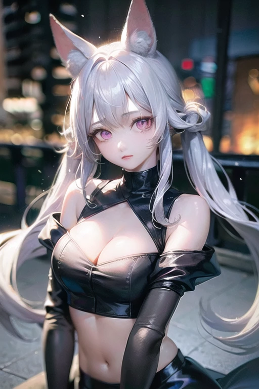 (RAW photo:1.4), (photorealistic:1.2), [:(detailed face:1.2):0.3], (detailed background:0.8), (detail hair feature: 0.5), (extremely delicate and beautiful:0.8), (night in the city:0.7), (futuristic:1.2), (cyber future:0.85), realistic shadows, chromatic_aberration:0.7, photorealistic lighting, 1girl, (pureerosface_v1:0.2) (ulzzang-6500-v1.1:0.6), (cleavage: 0.2), (white cat ears), medium breasts, best quality, (pink eyes: 0.8), sparkling eyes, (silver hair:1.2), long hair:0.6, (twin tail), (hair ornament: 0.7), (full body:0.8), black jacket, crop top and black skirt:0.7, twisting own hair, poker face, shiny skin, (masterpiece:1,2)  <lora:japaneseDollLikeness_v10:0.7>