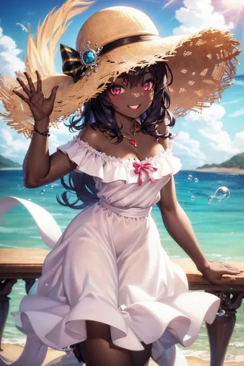 absurdres, blackskin, 1girl, ocean, railing, white dress, sun hat, smile, (realistic:0.75), (waving:0.9),<lora:obsidianSkin_v1:0.90>