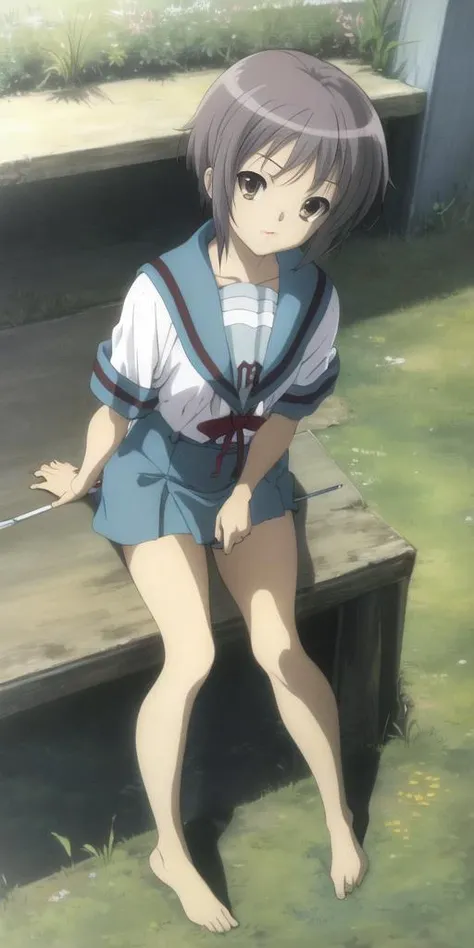masterpiece, best quality, highres,<lora:nagato_yuki_v10:1> ny1, school uniform, blue sailor collar, serafuku, blue skirt, white shirt, barefoot <lora:kyoani_haruhi_style_offset:0.8> cowboy shot, grass, tall grass, filed, wariza,lying,