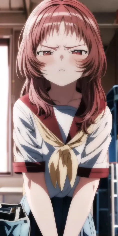 masterpiece, best quality, <lora:sukinako-mie:0.8> mie-san, upper body, classroom, confused, annoyed, <lora:add_detail:1.05> ,red eyes, red hair, white shirt, school uniform