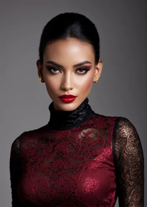 fashion editorial style, (((full body))) of A captivating masterpiece of an woman, (((dressed in a turtleneck Blouse))), The intricate lace and gold details exude a very rebellious aura. ((A bold and daring makeup look featuring ombre lips that transition from a deep, dark red at the center to a glossy black at the outer edges. The lips are expertly lined and filled in with precision, creating a gradient effect that is both edgy and sophisticated)). ((The use of high-shine gloss adds a touch of glamour and dimension to the look)), ((while the deep red and black hues give it a dramatic, vampy vibe)), low-key photography:1.3, one rim side light, narrow lighting, only one light source, facing camera, shallow depth of field, high fashion, trendy, stylish, editorial, magazine style, professional, highly detailed, 8K, <lora:MS_SamanthaCruuz_V1_SDXL:0.8>