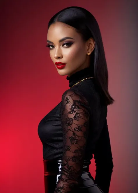 fashion editorial style, half body of A captivating masterpiece of an woman, (((dressed in a turtleneck Blouse))), The intricate lace and gold details exude a very rebellious aura. ((A bold and daring makeup look featuring ombre lips that transition from a deep, dark red at the center to a glossy black at the outer edges. The lips are expertly lined and filled in with precision, creating a gradient effect that is both edgy and sophisticated)). ((The use of high-shine gloss adds a touch of glamour and dimension to the look)), ((while the deep red and black hues give it a dramatic, vampy vibe)), The background is a dark old manor room with fireplace only giving light to room, architecture creating a exigent atmosphere., low-key photography:1.3, one rim side light, narrow lighting,, only one light source, facing camera, shallow depth of field, high fashion, trendy, stylish, editorial, magazine style, professional, highly detailed, 8K, <lora:MS_SamanthaCruuz_V1_SDXL:0.8>