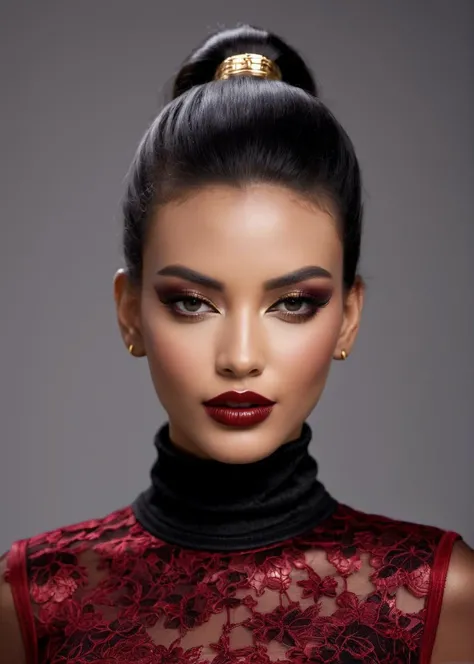 fashion editorial style, (((full body))) of A captivating masterpiece of an woman, (((dressed in a turtleneck Blouse))), The intricate lace and gold details exude a very rebellious aura. ((A bold and daring makeup look featuring ombre lips that transition from a deep, dark red at the center to a glossy black at the outer edges. The lips are expertly lined and filled in with precision, creating a gradient effect that is both edgy and sophisticated)). ((The use of high-shine gloss adds a touch of glamour and dimension to the look)), ((while the deep red and black hues give it a dramatic, vampy vibe)), low-key photography:1.3, one rim side light, narrow lighting, only one light source, facing camera, shallow depth of field, high fashion, trendy, stylish, editorial, magazine style, professional, highly detailed, 8K, <lora:MS_SamanthaCruuz_V1_SDXL:0.8>