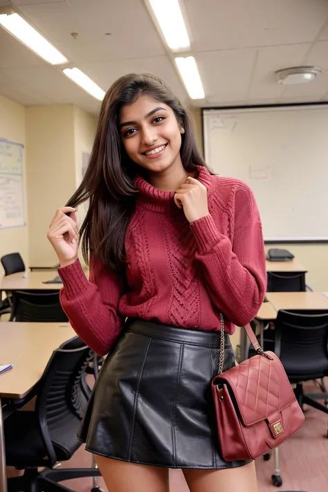 colorful photo of a short 20yo woman, dgmochav2_TI:0.8, <lora:l_hap_he2_sd_64_32:1> ((happy expression)) on face, college student holding bag, wearing tight sweater, short leather skirt, legs spread slightly, hand reaching towards viewer, sexy, naughty, in college classroom, cinematic lighting