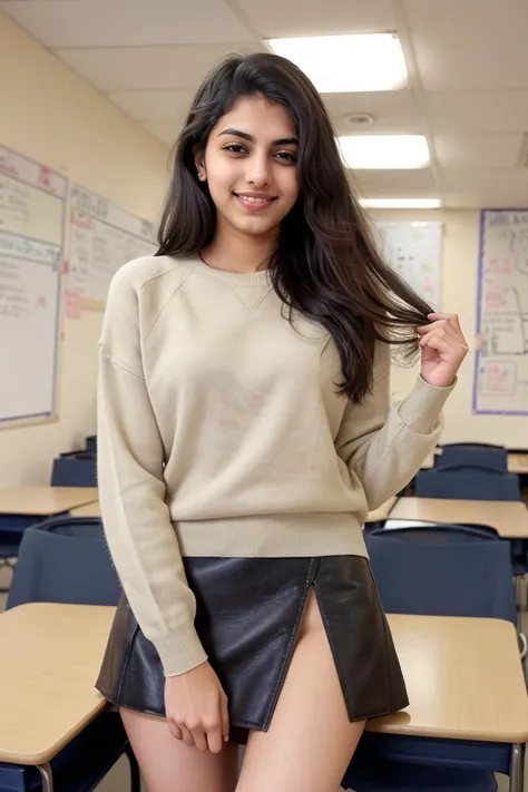photo of a mid-height 20yo woman, dgmochav2_TI:0.8, <lora:l_wnk_we_sd_64_32:1> ((winking expression)) on face, college student holding bag, wearing tight sweater, short leather skirt, legs spread slightly, hand reaching towards viewer, sexy, naughty, in college classroom, cinematic lighting