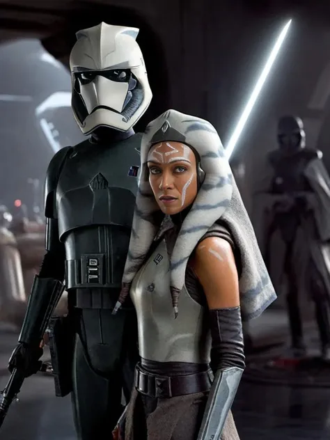 ahsoka and stormtrooper is standing in a dark room, stormtrooper , dynamic pose<lora:sdxl_lora_stormtrooper:1> <lora:sdxl_lora_ahsoka:0.6>