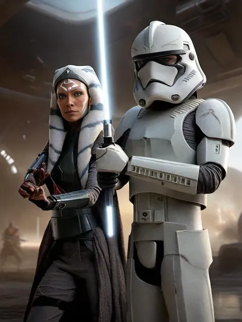 ahsoka and stormtrooper is standing in a dark room, stormtrooper , dynamic pose<lora:sdxl_lora_stormtrooper:1> <lora:sdxl_lora_ahsoka:0.6>