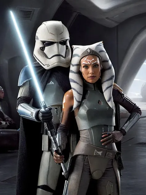 ahsoka and  stormtrooper is standing in a dark room, stormtrooper , dynamic pose<lora:sdxl_lora_stormtrooper:1> <lora:sdxl_lora_ahsoka:0.6>