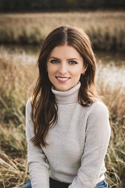 (((Close up head portrait))), ((Wearing a turtleneck sweater)) and ((very distressed jeans)), ((Professional Photo Shoot)), ((in the country next to a river)), ((Sitting on the grass with legs crossed)), smiling, model shoot style, extremely intricate, High Detail, Sharp focus, dramatic, soft cinematic light, (looking at viewer), (Real Eyes), (Detailed Eye Corneas), (detailed pupils), smiling, 24mm, photo lab, elegant, insane details, hyperdetailed, low contrast, epiCRealism, (((SFW))) <lora:Anna_Kendrick:0.85> anna