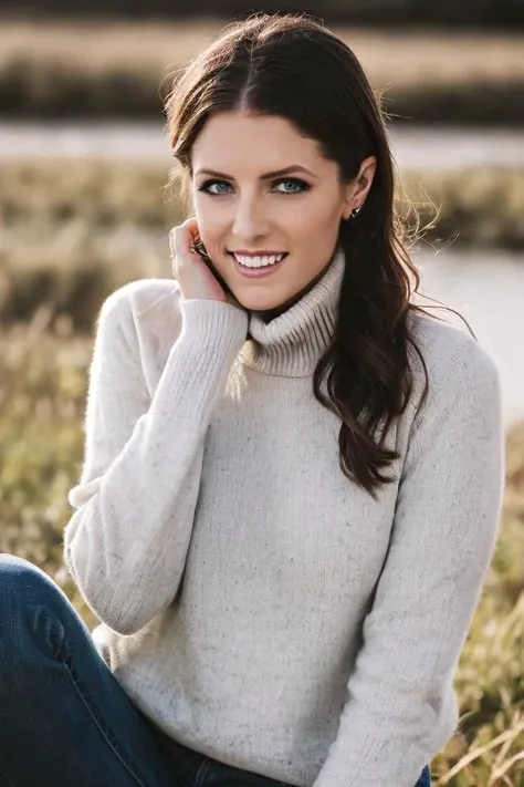 ((Wearing a turtleneck sweater)) and ((very distressed jeans)), ((Professional Photo Shoot)), ((in the country next to a river)), ((Sitting on the grass with legs crossed)), smiling, model shoot style, extremely intricate, High Detail, Sharp focus, dramatic, soft cinematic light, (looking at viewer), (Real Eyes), (Detailed Eye Corneas) (detailed pupils), smiling, 24mm, photo lab, elegant, insane details, hyperdetailed, low contrast, epiCRealism, (((SFW)))    <lora:Anna_Kendrick:0.85> anna