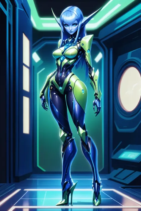 Full body image, young beautiful alien android woman, with green skin and blue drawing, very large firm breasts, perfect proportions, bikini outfit, she is standing in a dark alien fortress on an alien planet, in the future, cyberpunk, dark, gloomy, menacing, anime, sexy, erotic, UHD resolution, realistic detail, realistic reflections, realistic shadows, 3D, masterpiece, art