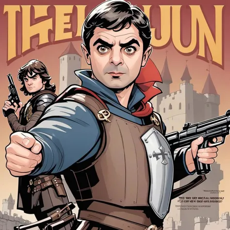 TerryDodson Style, 1boy, Rowan Atkinson as medieval warrior, holding guns, posing, movie poster, text title "The HooliGun", cinematic, simple background, flat color, comic style,