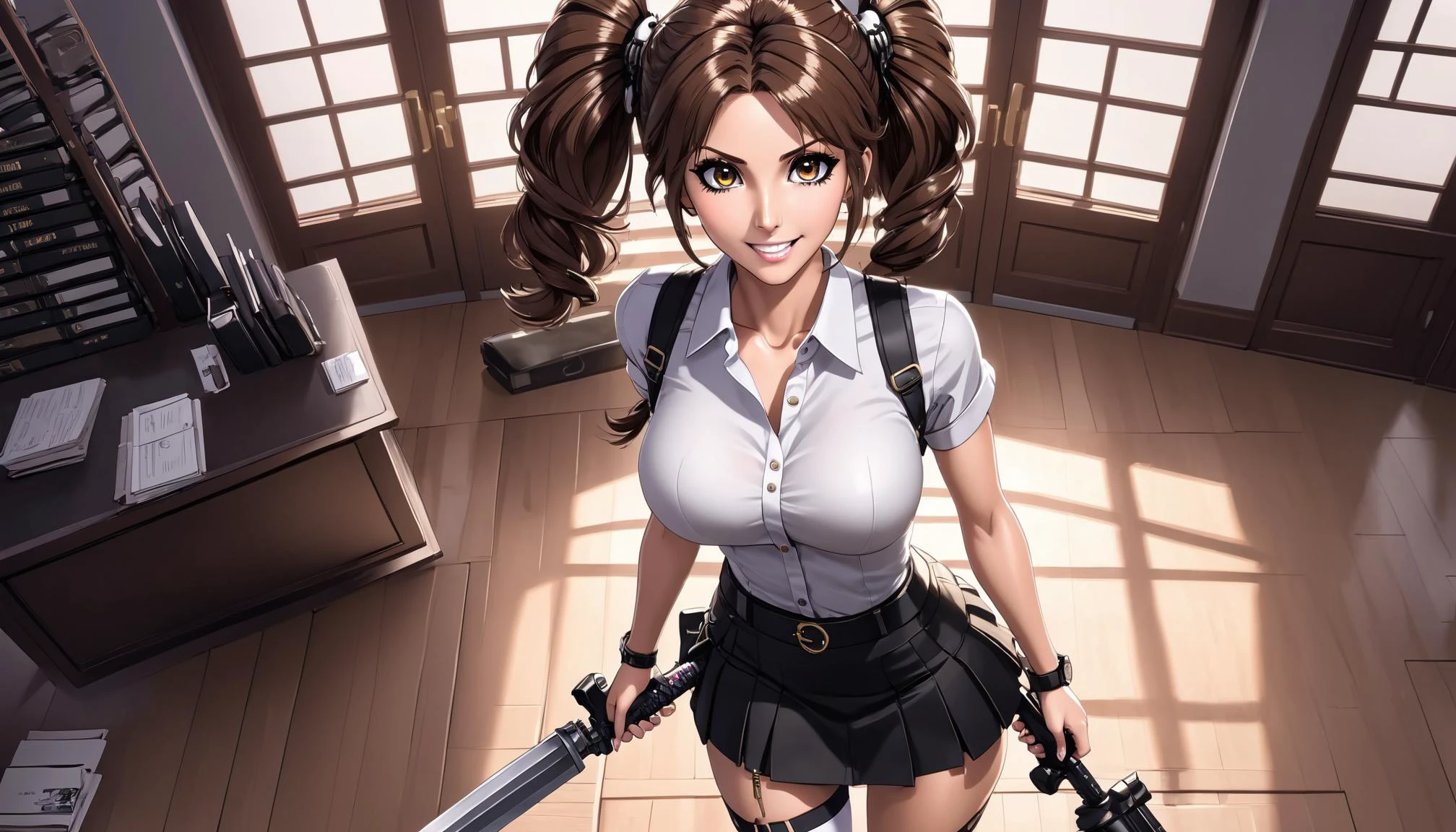 <lora:xl_mega_twintails-1.0:0.5>, mega twintails, big hair, lara croft, skirt, office lady, thighhighs, high heels, shirt, mature female, smile, skull fucking, holding weapon, from above, light, gym,, very thin waist, <lora:SDXL_MassiveCowsLoRA_v1:0.1> breasts, cleavage, slim body,, (8k, masterpiece, best quality, ultra-detailed), (an extremely delicate and beautiful)kawaii, cute, very big eyes, Aesthetic Anime Eyes, small face, large breasts, cinematic lighting, , Intricate, High Detail, Sharp focus, dramatic, masterpiece, best quality, ultra-detailed,
