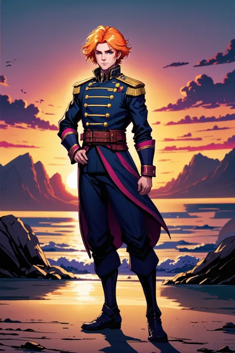 rough digital painting, (full body:1.2), 1boy, man, masculine, solo, [:epic costume design,:0.2] admiral, caucasian, vivid sunset hair, (average:1) build, old, simple background, jrpg character concept art