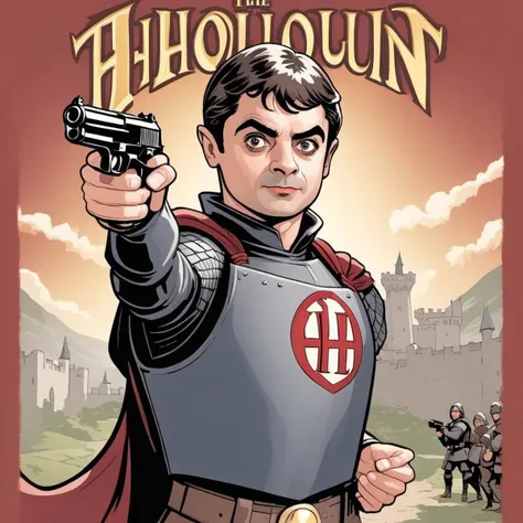 TerryDodson Style, 1boy, Rowan Atkinson as medieval warrior, holding guns, posing, movie poster, text title "The HooliGun", cinematic, simple background, flat color, comic style,