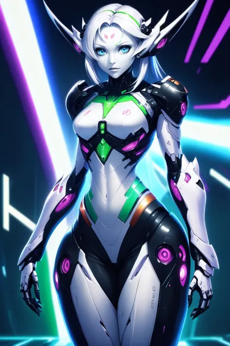 anime, android woman, battlesuit, human face,, scifi, nano-eden,"new weird",magitech, elf, cyber-ninja, full body, wearing uniform<lora:EnvyMechaGirlXL02:1>