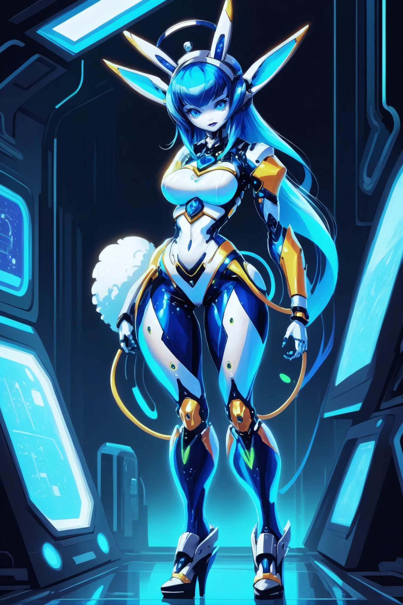 cute atomaton woman, maid, metallic hair,, reflective deep blue scifi, timepunk,neon nomad, bunny girl, full body, wearing space suit<lora:EnvyMechaGirlXL01:1>