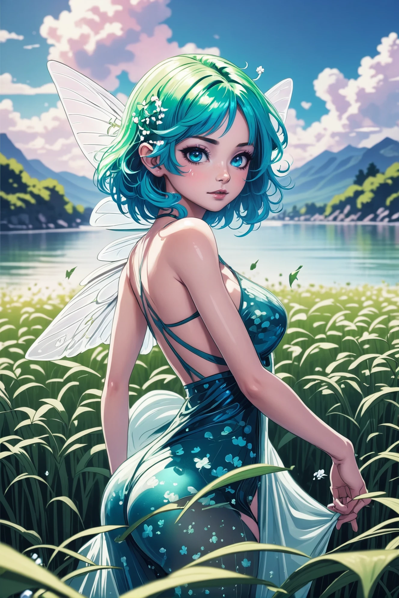 1girl, woman, f/1.4 lens, bokeh, tiny Japanese Cherry tree sprite,fairy wings, see-through gossamer, bombshell hair, bright aqua hair, ahoge,Finger Waves, slim, atheletic figure, narrow waist, medium breasts, japanese, (noon, blue sky, clouds, scenery, in a visually stimulating Seagrass Bed:1.3)