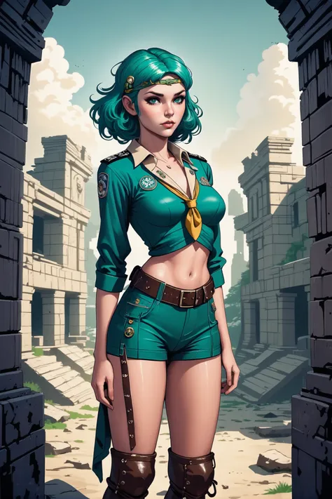 1girl, woman, (lead lady scout:1.3), pose,, (silk shirt:1.2) [:wild costume design:0.2], bombshell hair, muted sea green hair with beige highlights, hair ribbon, slim figure, narrow waist, tight ass, medium breasts, caucasian, (warmly lit interior, in a dieselpunk Time-worn Mayan ruins:1)