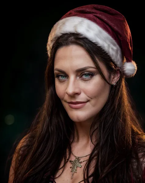 cinematic film still <lora:quiron_FloorJansen_v12_lora:0.87> quiron_floorjansen,
(a woman  wearing christmas costume),
Christmas atmosphere, realistic, green, black, (simple background:1.5) , (black:1.1), (double exposure art:1.5):3], [a woman with (Santa hat:1.2) : Green Santa with a huge smile: 4], magnificent,  epic, majestic, magical,   dreamy, christmas tree, snowing, red lights, fireflies,  . shallow depth of field, vignette, highly detailed, high budget Hollywood movie, bokeh, cinemascope, moody, epic, gorgeous, film grain, grainy