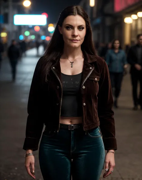 biomechanical cyberpunk cinematic film still <lora:quiron_FloorJansen_v12_lora:0.57> quiron_FloorJansen, (realistic),
a woman wearing Denim jacket and Corduroy pants: Pants made from ribbed corduroy fabric., . shallow depth of field, vignette, highly detailed, high budget Hollywood movie, bokeh, cinemascope, moody, epic, gorgeous, film grain, grainy . cybernetics, human-machine fusion, dystopian, organic meets artificial, dark, intricate, highly detailed
