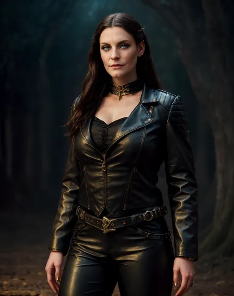 1 woman, Famke Janssen, film Hansel and Gretel Witch Hunters, 30 years old, age 30, black long hair, black, gothic style, ultra detailed face, hyperrealistic, realistic depiction, full body view, gothic style, dancing, wearing a corset and long leather pants, shoes "New Rocks"
