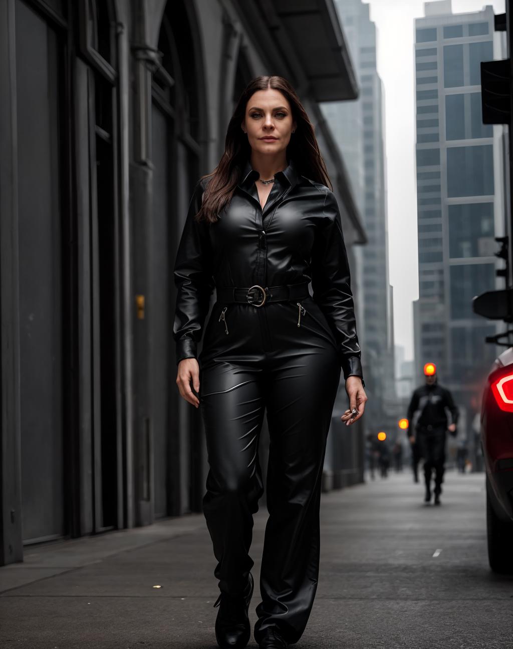 Woman in black leather outfit walking down a city street - SeaArt AI