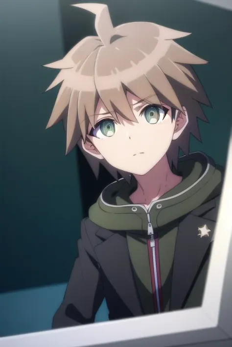 makotonaegi, <lora:makoto naegi s1-lora-nochekaiser:1>,
makoto naegi, short hair, bangs, brown hair, hair between eyes, (brown eyes:1.3), ahoge, male focus,
BREAK long sleeves, collarbone, jacket, black jacket, hoodie, hood down, green hoodie,
BREAK outdoors, classroom,
BREAK looking at viewer, (cowboy shot:1.5),
BREAK <lyco:GoodHands-beta2:1>, (masterpiece:1.2), best quality, high resolution, unity 8k wallpaper, (illustration:0.8), (beautiful detailed eyes:1.6), extremely detailed face, perfect lighting, extremely detailed CG, (perfect hands, perfect anatomy),