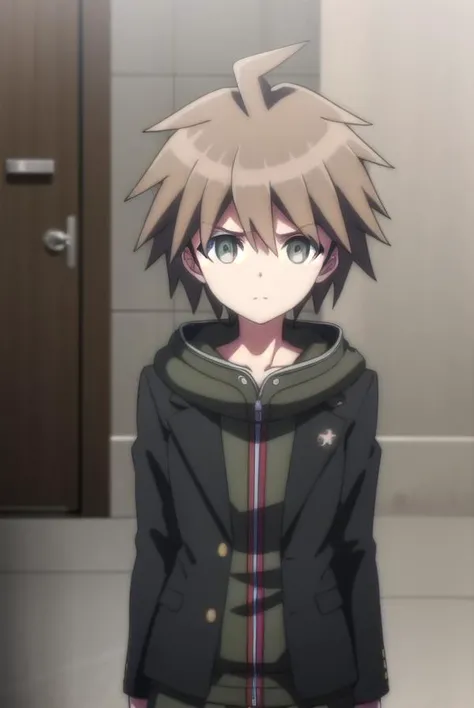 makotonaegi, <lora:makoto naegi s1-lora-nochekaiser:1>,
makoto naegi, short hair, bangs, brown hair, hair between eyes, (brown eyes:1.3), ahoge, male focus,
BREAK long sleeves, collarbone, jacket, black jacket, hoodie, hood down, green hoodie,
BREAK outdoors, classroom,
BREAK looking at viewer, (cowboy shot:1.5),
BREAK <lyco:GoodHands-beta2:1>, (masterpiece:1.2), best quality, high resolution, unity 8k wallpaper, (illustration:0.8), (beautiful detailed eyes:1.6), extremely detailed face, perfect lighting, extremely detailed CG, (perfect hands, perfect anatomy),