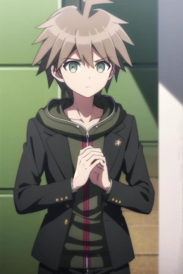 makotonaegi, <lora:makoto naegi s1-lora-nochekaiser:1>,
makoto naegi, short hair, bangs, brown hair, hair between eyes, (brown eyes:1.3), ahoge, male focus,
BREAK long sleeves, collarbone, jacket, black jacket, hoodie, hood down, green hoodie,
BREAK outdoors, classroom,
BREAK looking at viewer, (cowboy shot:1.5),
BREAK <lyco:GoodHands-beta2:1>, (masterpiece:1.2), best quality, high resolution, unity 8k wallpaper, (illustration:0.8), (beautiful detailed eyes:1.6), extremely detailed face, perfect lighting, extremely detailed CG, (perfect hands, perfect anatomy),