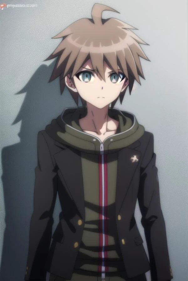 makotonaegi, <lora:makoto naegi s1-lora-nochekaiser:1>,
makoto naegi, short hair, bangs, brown hair, hair between eyes, (brown eyes:1.3), ahoge, male focus,
BREAK long sleeves, collarbone, jacket, black jacket, hoodie, hood down, green hoodie,
BREAK outdoors, classroom,
BREAK looking at viewer, (cowboy shot:1.5),
BREAK <lyco:GoodHands-beta2:1>, (masterpiece:1.2), best quality, high resolution, unity 8k wallpaper, (illustration:0.8), (beautiful detailed eyes:1.6), extremely detailed face, perfect lighting, extremely detailed CG, (perfect hands, perfect anatomy),