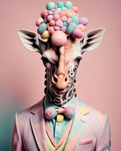 photo portrait,  a giraffe wearing a pink suit and a colorful hat with pompoms on its head and ears, with a blue background , Annabel Kidston, professional photo, a character portrait, kitsch movement, pastel colors