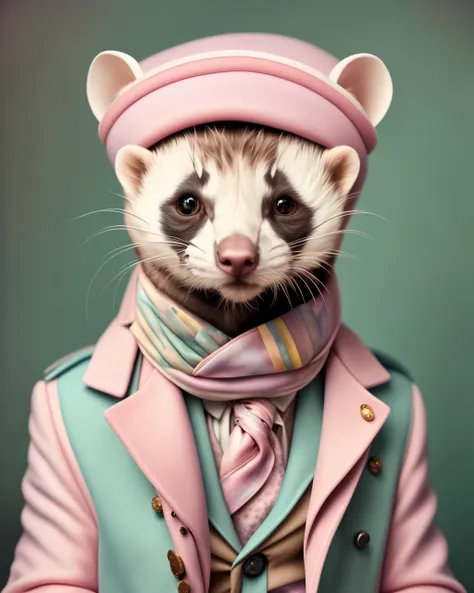 photo portrait, a ferret wearing a hat and a jacket and scarf with a pink and blue scarf around its neck and neck and a pink and white cap on its head , Annabel Kidston, professional photo, a character portrait, kitsch movement, pastel colors