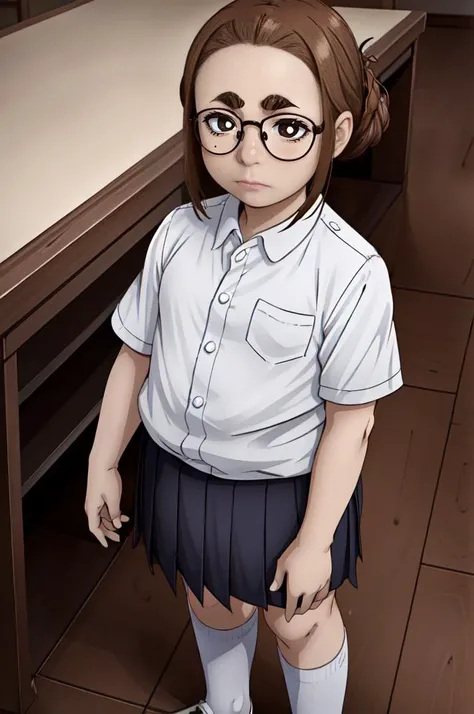 ( AS-YoungestV2:1.1), <lora:ogawa:0.8> ogawa, glasses, looking_at_viewer, single_hair_bun, mole_under_eye, thick_eyebrows, 1child, solo, standing, clothes, school uniform, smalicious smile, (masterpiece:1.2),(best quality:1.2),intricate details,newest,perfect anatomy