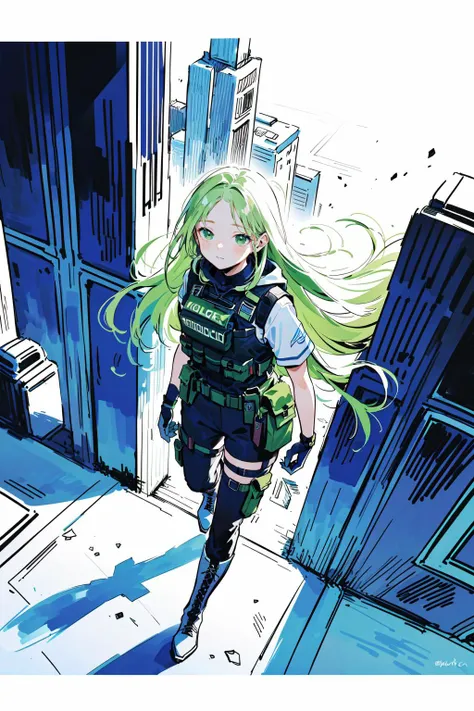 (best quality, masterpiece:1.1),  <lora:RGB:0.85>, watercolor, lineart, rough sketch, RGB, chromatic aberration,  close up,    looking up, (1female), benevolent face, green hair, very long hair, wavy hair, forehead,        (bulletproof vest, bullet pouch on top of the bulletproof vest, combat pants), hoodie, wearing boots, holster on the thigh, black gloves, ( (futuristic city, white architecture:1.2), white theme, sci-fi),