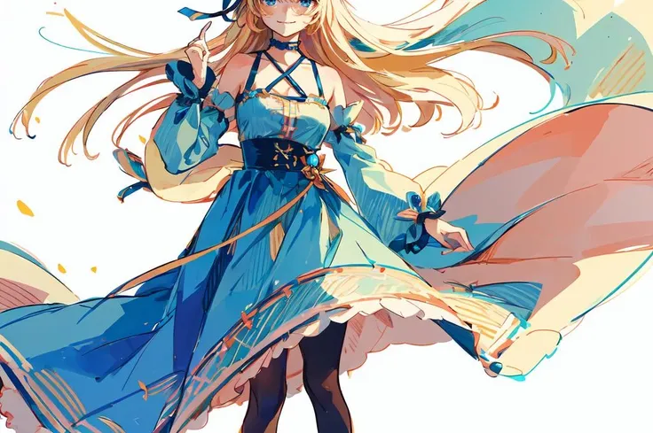 ultra detailed, masterpiece, best quality, solo, soft smile, light smile, layered clothes, <lora:RGB:0.7> watercolor, lineart, rough sketch, RGB, chromatic aberration,
1girl, blue eyes, very long hair, blonde hair, long blonde hair, french braid, bangs, medium breasts,
hair ribbon, frilled choker, criss-cross halter, sleeveless dress, high-waist skirt, backless dress, waist bow, detached sleeves, frilled sleeves, wide sleeves, pantyhose, patterned legwear, mary janes,