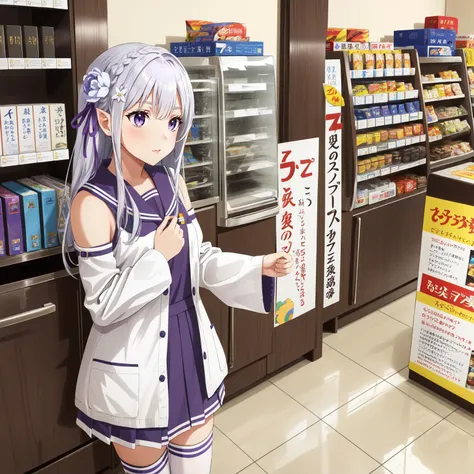 (masterpiece, best quality), intricate details,
1girl, <lora:rezeroemilia-lora-nochekaiser:0.8> emilia, braid, crown braid, flower, hair flower, hair ornament, hair ribbon, long hair, pointy ears, (purple eyes:1.2), white hair, x hair ornament,, detached collar, detached sleeves, frilled sleeves, frills, long sleeves, miniskirt, pleated skirt, ribbon, skirt, thighhighs, white skirt, white sleeves, white thighhighs, wide sleeves, zettai ryouiki, alternate costume, cardigan, open cardigan, open clothes, sailor collar, school uniform, scrunchie, serafuku, sleeves past elbows, wrist scrunchie,
<lora:7eleven_scenery_SD15_V1:0.8> 7eleven, scenery, indoors, box, tiles, shop, tile floor,, 7elevenU,