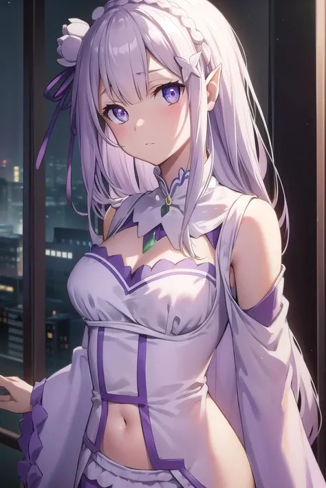 rezeroemilia, <lora:emiliatest:1>, emilia, braid, crown braid, flower, hair flower, hair ornament, hair ribbon, long hair, low-tied long hair, (purple eyes:1.2), pointy ears, white flower, x hair ornament,
BREAK bare shoulders, detached collar, dress, long sleeves, low-tied long hair, navel, pink dress, shoulder cutout, thigh gap, wide sleeves,
BREAK outdoors, city,
BREAK looking at viewer, BREAK <lora:GoodHands-vanilla:1>, (masterpiece:1.2), best quality, high resolution, unity 8k wallpaper, (illustration:0.8), (beautiful detailed eyes:1.6), extremely detailed face, perfect lighting, extremely detailed CG, (perfect hands, perfect anatomy),