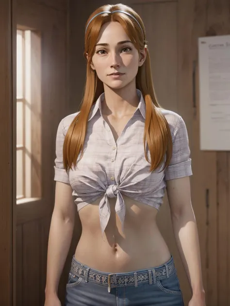 highly detailed cg render of connie, hair band, tied shirt, midriff <lora:connie:0.8>