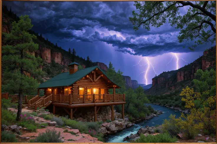 cabin in a Canyon setting, Thunderstorm weather, Silkscreen art