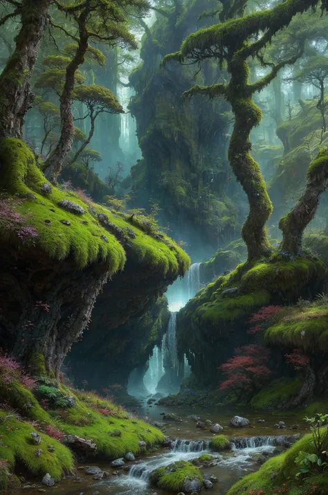 fantasy painting by greg rutkowski, a Mossy bank in Temperate area