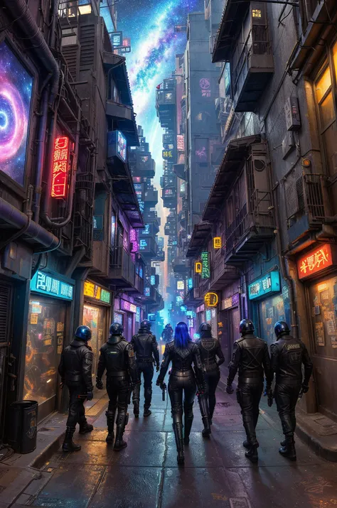 A bustling cyberpunk alleyway street with people wearing cyberpunk leather jacket and futuristic soldier, under a spiral galaxy themed sky.