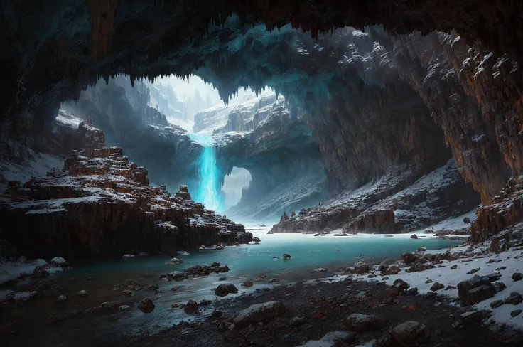 fantasy painting by greg rutkowski, a Cave in Tundra area