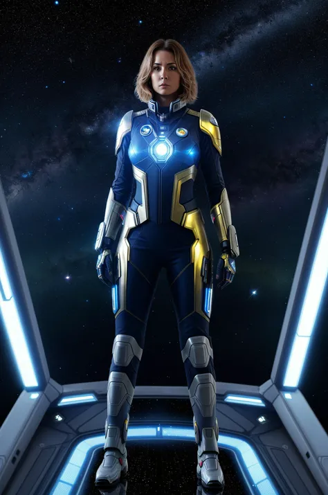 A 50yo woman, in a futuristic space commander uniform, on a spaceship bridge, Artificial lighting, Heroic stance, Metallic sheen
