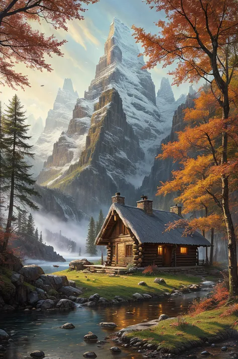 fantasy painting by greg rutkowski, a Cabin in Temperate area