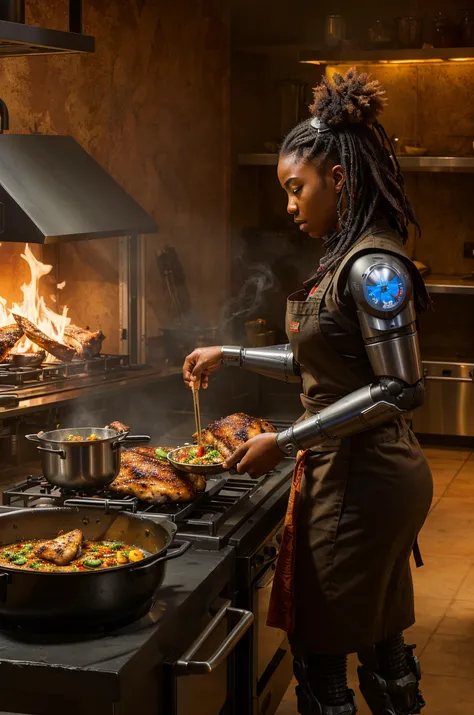 A dark and gritty animation style kitchen with a chef robot from high-tech military robot preparing Caribbean jerk chicken, observed by a curious fierce wild lynx.