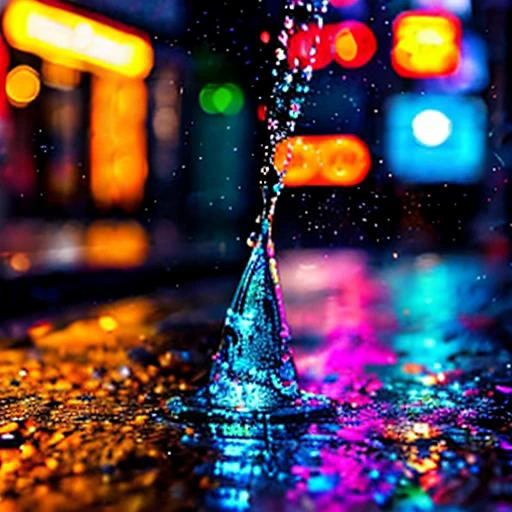 (close up) of a raindrop splashing into a puddle on the city street at night, city street, neon lights from businesses, street lights overhead. <lora:locon_conceptwater_v1_from_v1_64_32:1> splashing